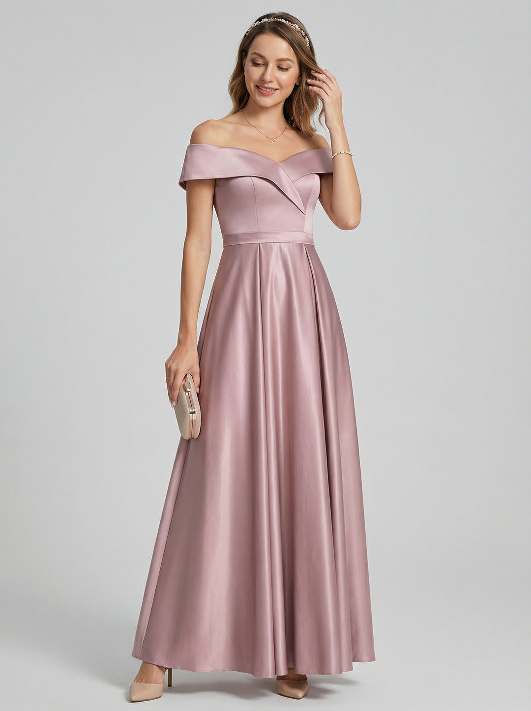Coquette Lavender Satin A-Line Off-the-Shoulder Back Zip Ankle-Length Bridesmaid Dress