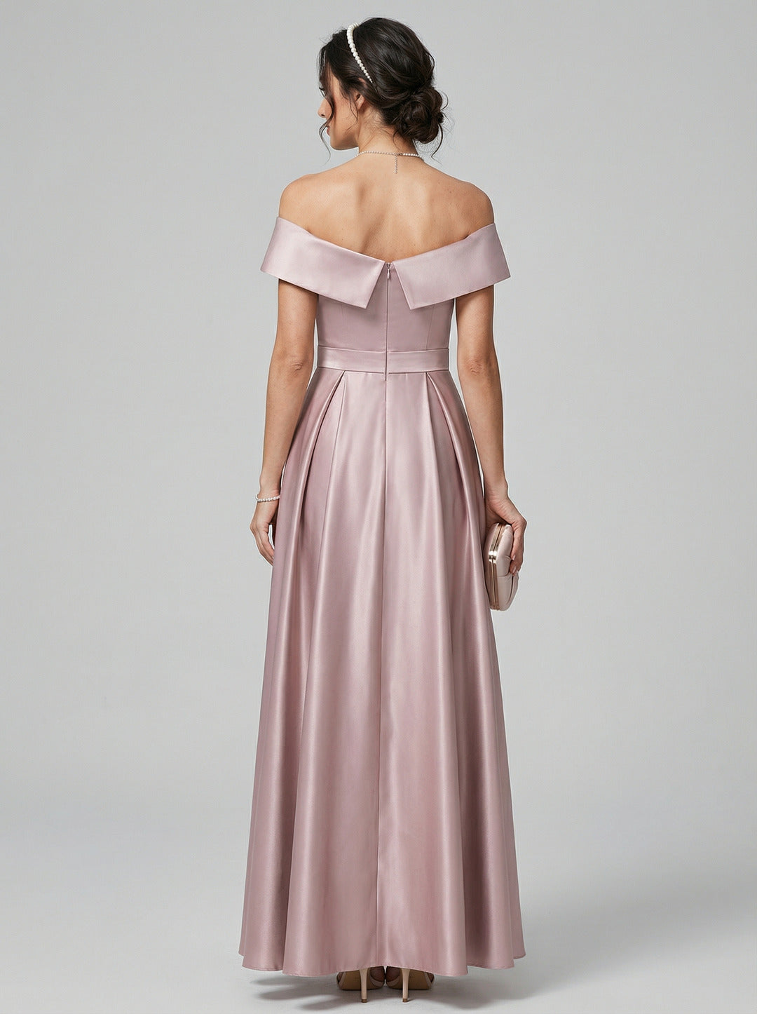 Coquette Lavender Satin A-Line Off-the-Shoulder Back Zip Ankle-Length Bridesmaid Dress