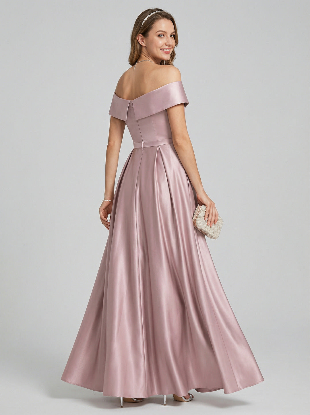 Coquette Lavender Satin A-Line Off-the-Shoulder Back Zip Ankle-Length Bridesmaid Dress