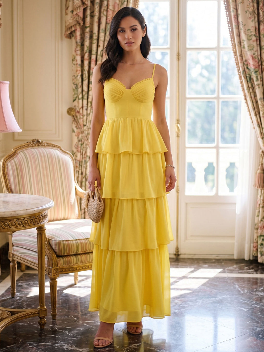 Coquette Lemon Chiffon A-Line Square Neck Backless with Cascading Ruffles Ankle-Length Bridesmaid Dress