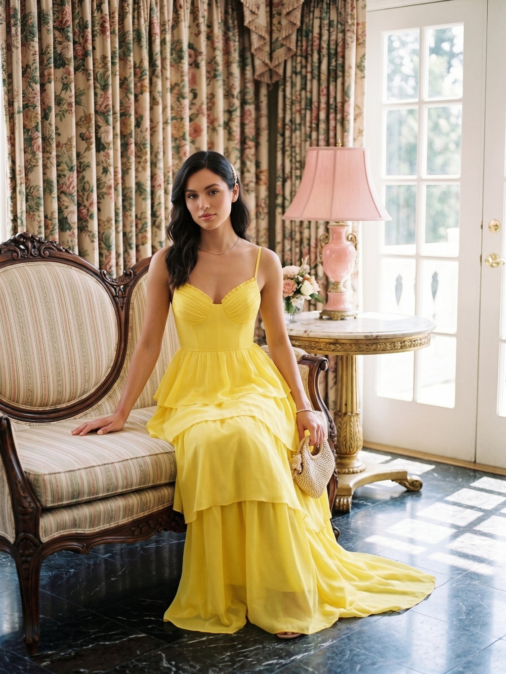 Coquette Lemon Chiffon A-Line Square Neck Backless with Cascading Ruffles Ankle-Length Bridesmaid Dress