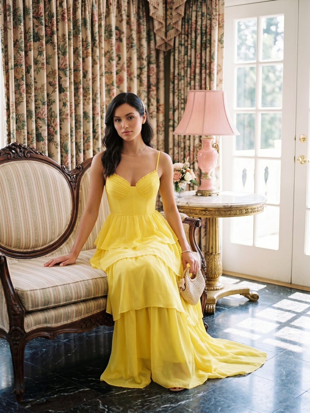 Coquette Lemon Chiffon A-Line Square Neck Backless with Cascading Ruffles Ankle-Length Bridesmaid Dress
