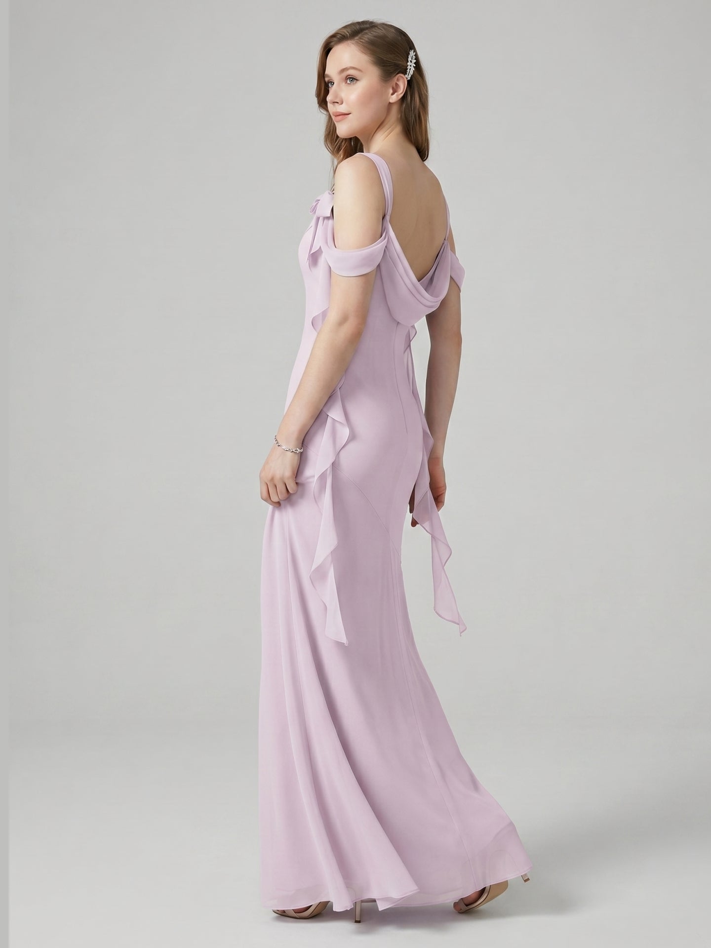 Coquette Lilac Chiffon A-Line Cowl Neck Back Zip Ankle-Length Bridesmaid Dress