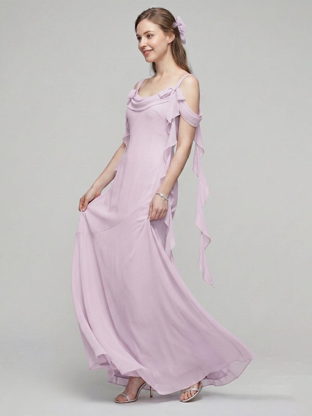 Coquette Lilac Chiffon A-Line Cowl Neck Back Zip Ankle-Length Bridesmaid Dress