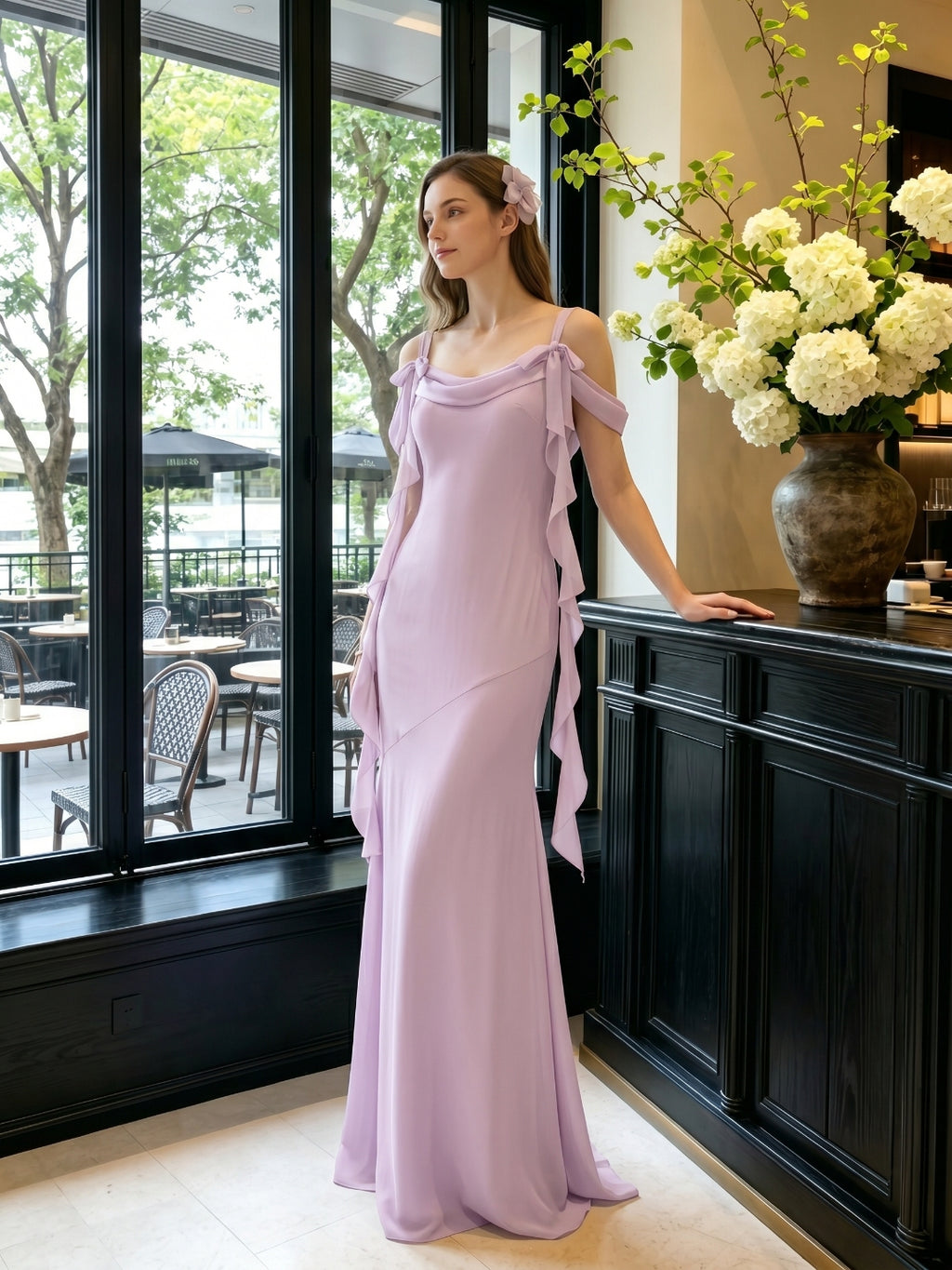 Coquette Lilac Chiffon A-Line Cowl Neck Back Zip Ankle-Length Bridesmaid Dress