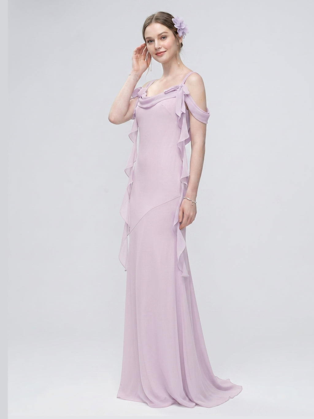 Coquette Lilac Chiffon A-Line Cowl Neck Back Zip Ankle-Length Bridesmaid Dress