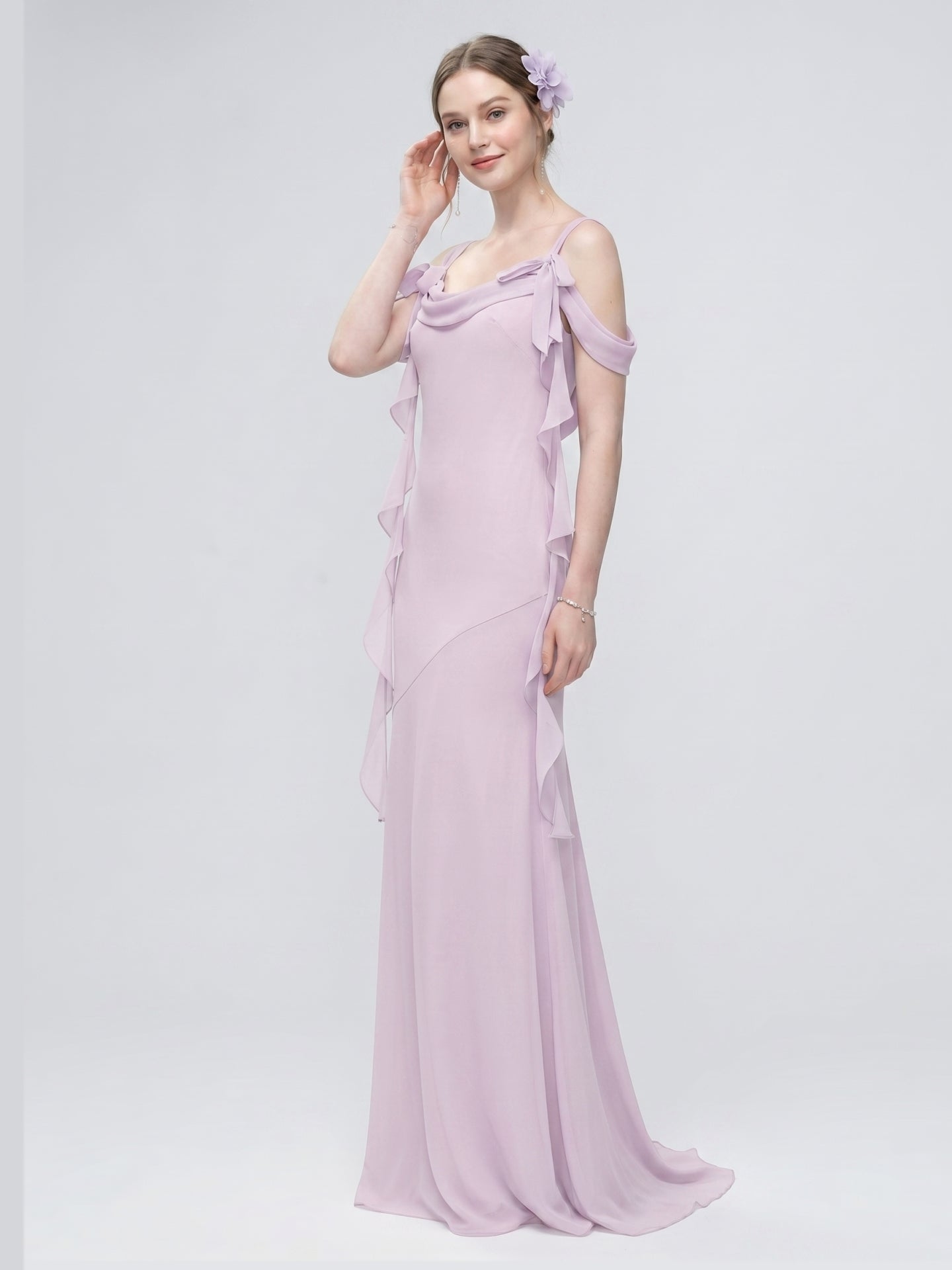 Coquette Lilac Chiffon A-Line Cowl Neck Back Zip Ankle-Length Bridesmaid Dress