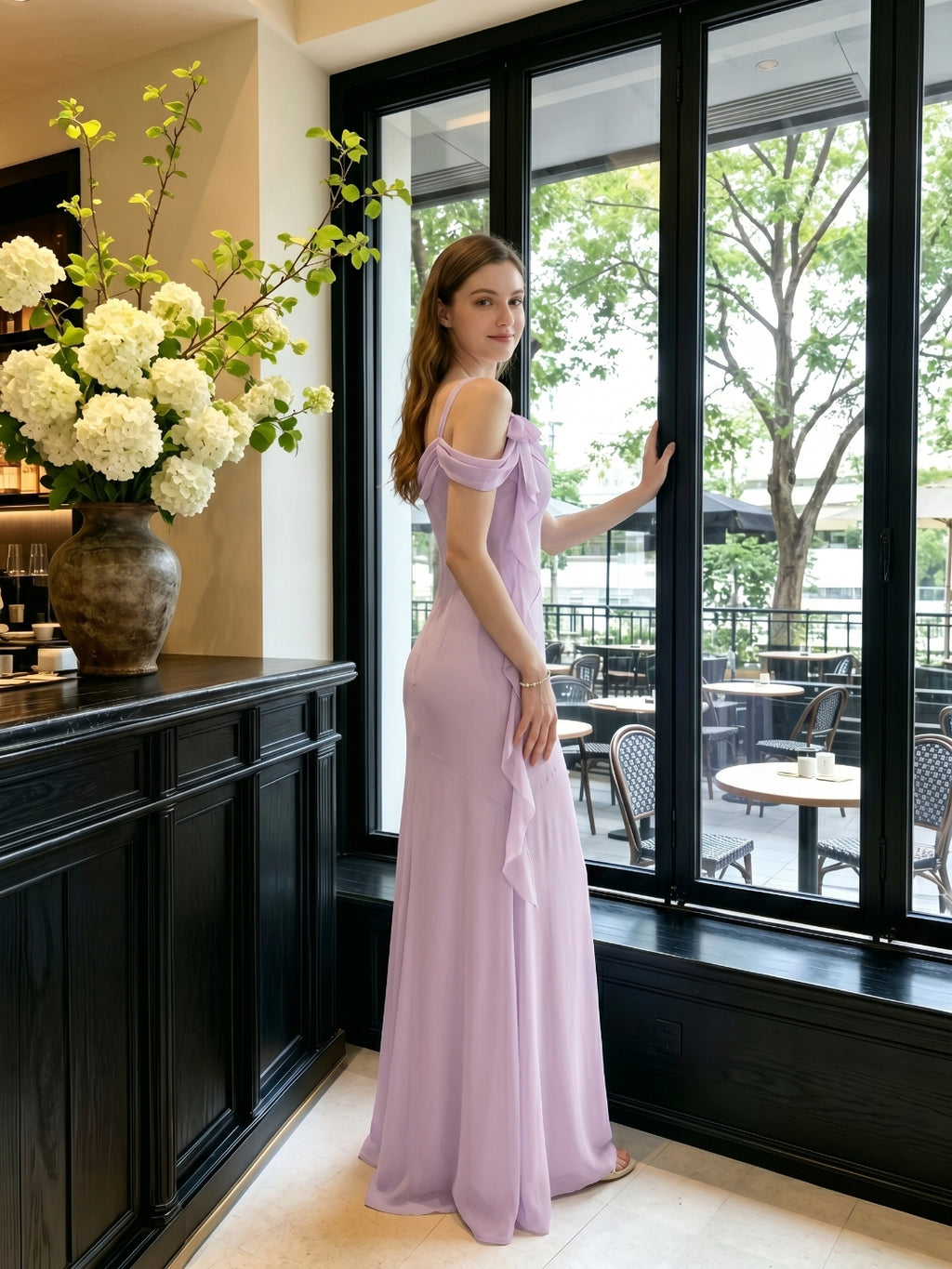 Coquette Lilac Chiffon A-Line Cowl Neck Back Zip Ankle-Length Bridesmaid Dress