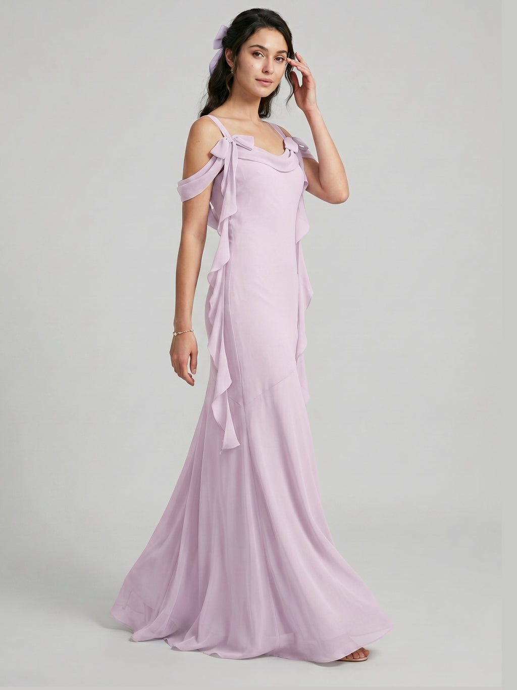Coquette Lilac Chiffon A-Line Cowl Neck Back Zip Ankle-Length Bridesmaid Dress