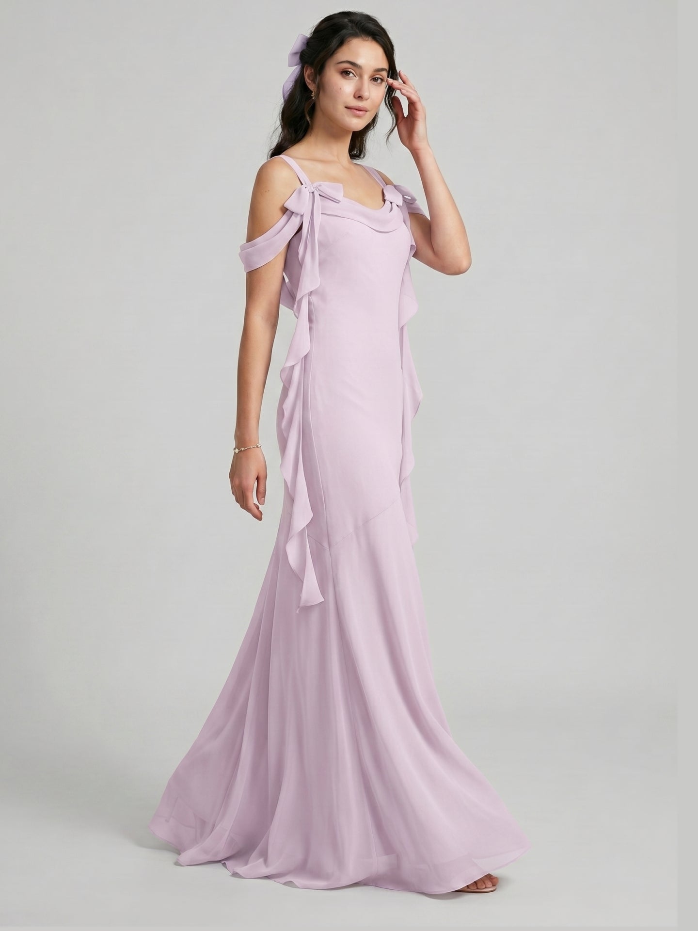 Coquette Lilac Chiffon A-Line Cowl Neck Back Zip Ankle-Length Bridesmaid Dress