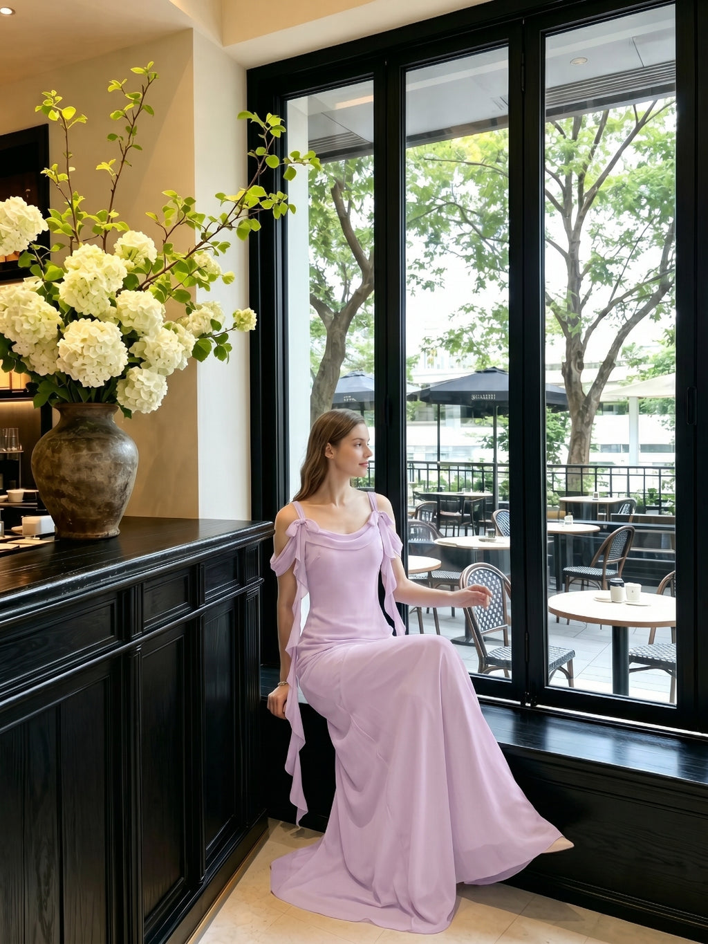 Coquette Lilac Chiffon A-Line Cowl Neck Back Zip Ankle-Length Bridesmaid Dress