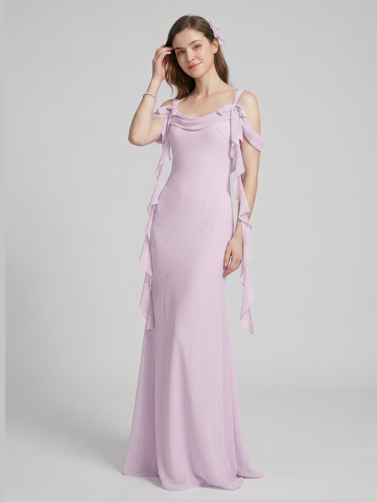 Coquette Lilac Chiffon A-Line Cowl Neck Back Zip Ankle-Length Bridesmaid Dress