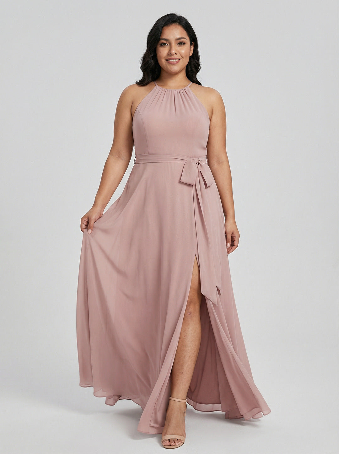 Coquette Dusty Rose Chiffon A-Line Halter neckline Back Zip Ankle-Length  Bridesmaid Dress