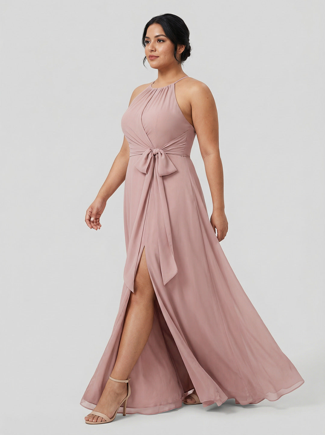 Coquette Dusty Rose Chiffon A-Line Halter neckline Back Zip Ankle-Length  Bridesmaid Dress