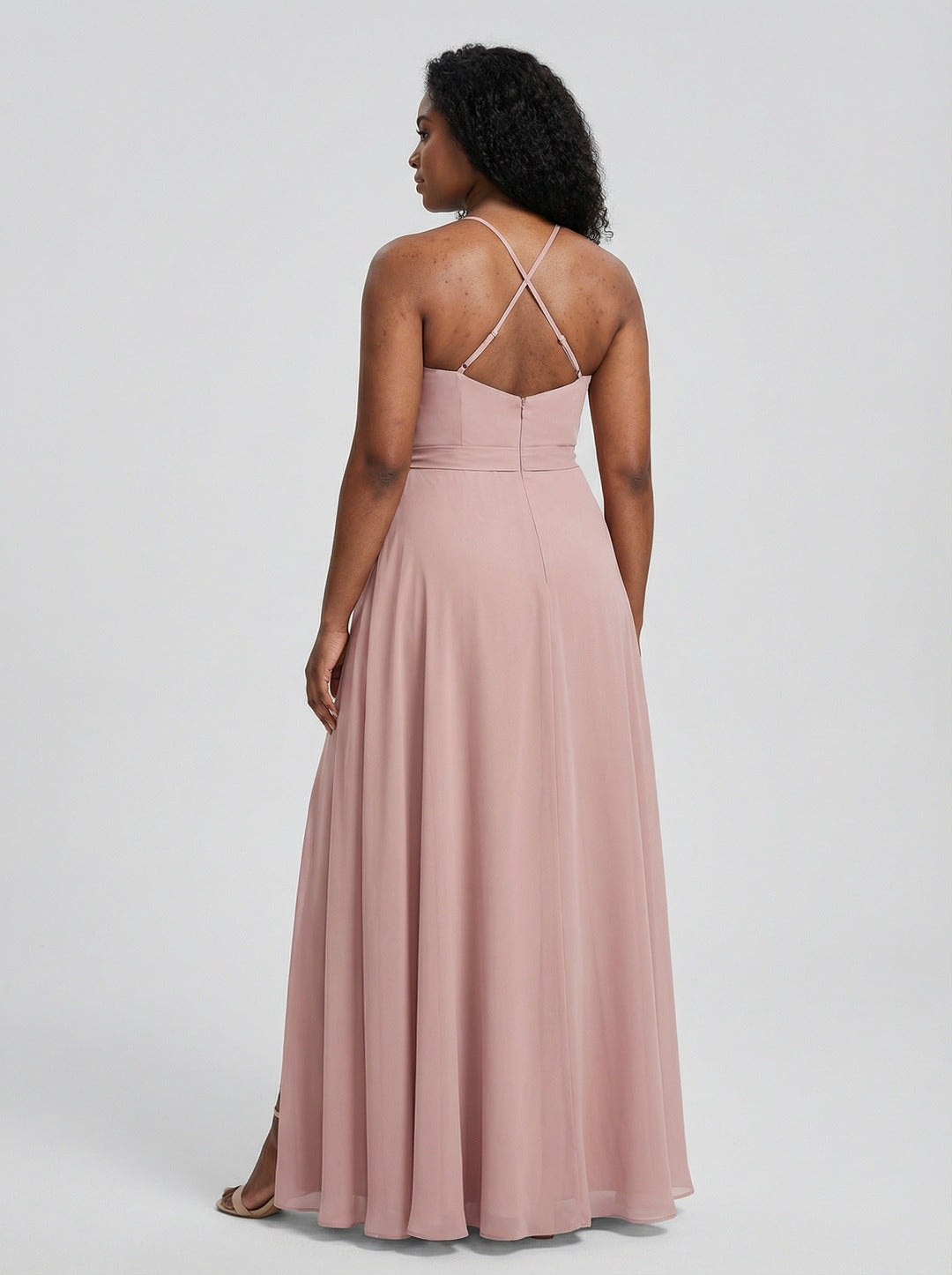 Coquette Dusty Rose Chiffon A-Line Halter neckline Back Zip Ankle-Length  Bridesmaid Dress