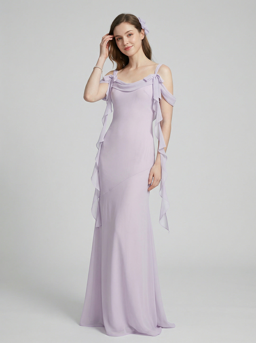 Coquette Lilac Chiffon A-Line Cowl Neck Back Zip Ankle-Length Bridesmaid Dress