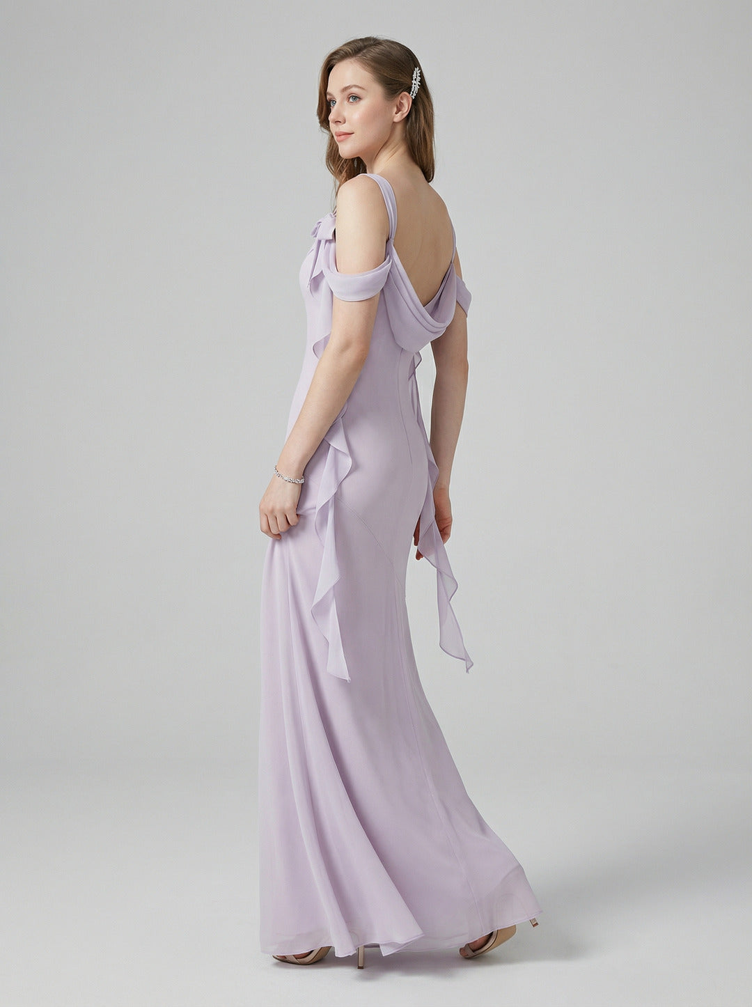Coquette Lilac Chiffon A-Line Cowl Neck Back Zip Ankle-Length Bridesmaid Dress
