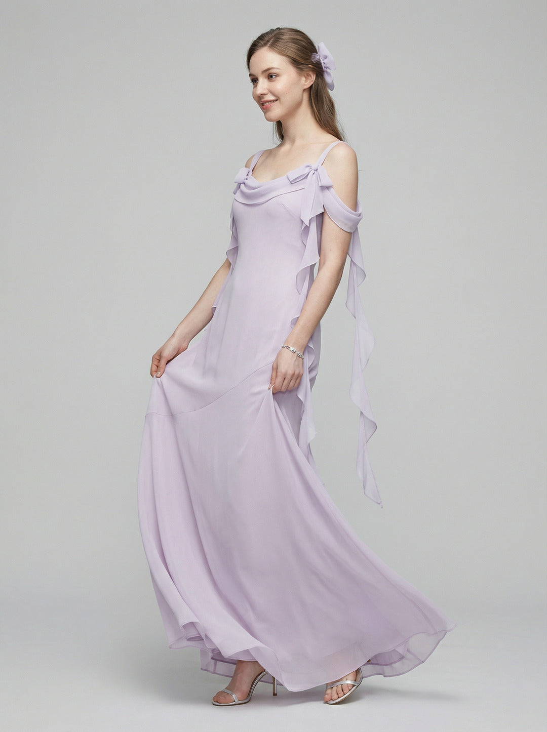 Coquette Lilac Chiffon A-Line Cowl Neck Back Zip Ankle-Length Bridesmaid Dress