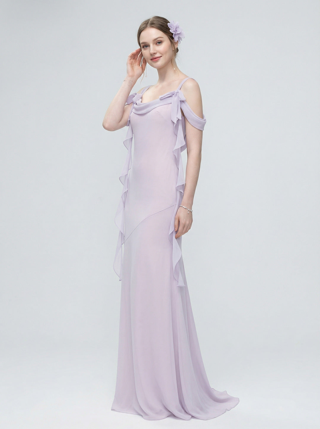 Coquette Lilac Chiffon A-Line Cowl Neck Back Zip Ankle-Length Bridesmaid Dress