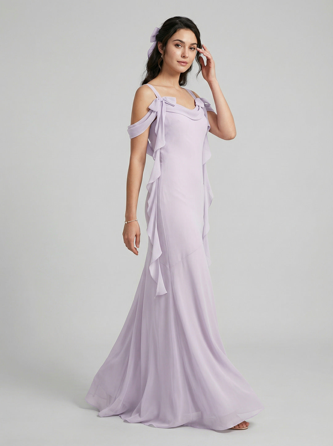 Coquette Lilac Chiffon A-Line Cowl Neck Back Zip Ankle-Length Bridesmaid Dress