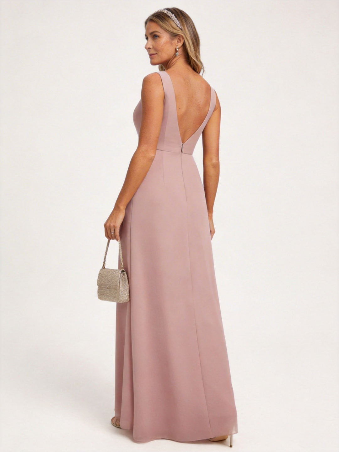 Coquette Dusty Rose Chiffon A-Line V-Neck V-Back with Sash Detail Ankle-Length Bridesmaid Dress