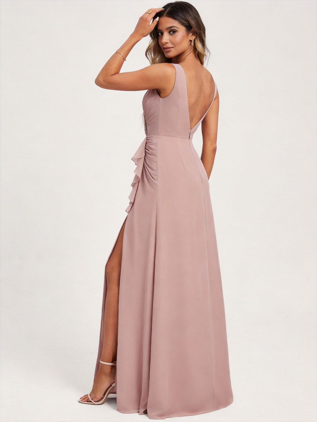 Coquette Dusty Rose Chiffon A-Line V-Neck V-Back with Sash Detail Ankle-Length Bridesmaid Dress