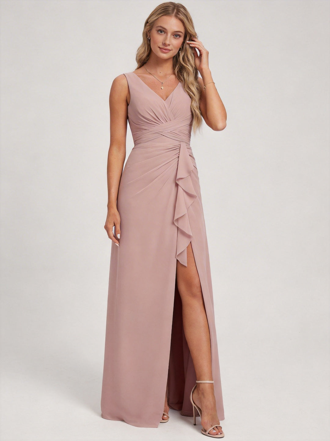 Coquette Dusty Rose Chiffon A-Line V-Neck V-Back with Sash Detail Ankle-Length Bridesmaid Dress