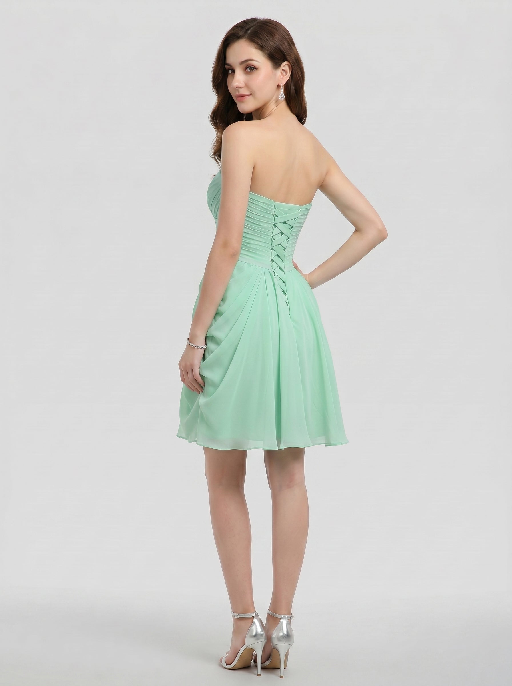 Coquette Mint Green Chiffon A-Line Sweetheart Criss-Cross Straps with Ruffle Knee-Length Bridesmaid Dress