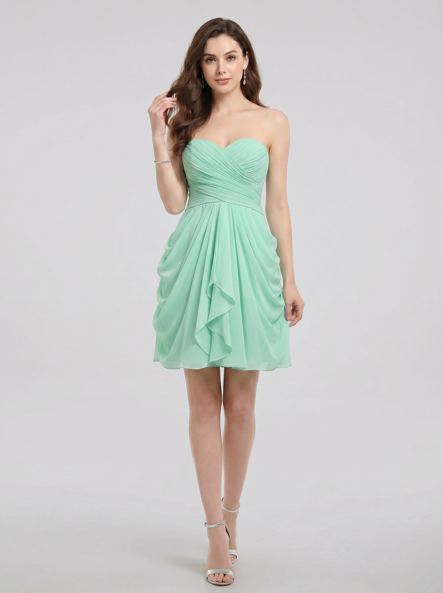 Coquette Mint Green Chiffon A-Line Sweetheart Criss-Cross Straps with Ruffle Knee-Length Bridesmaid Dress