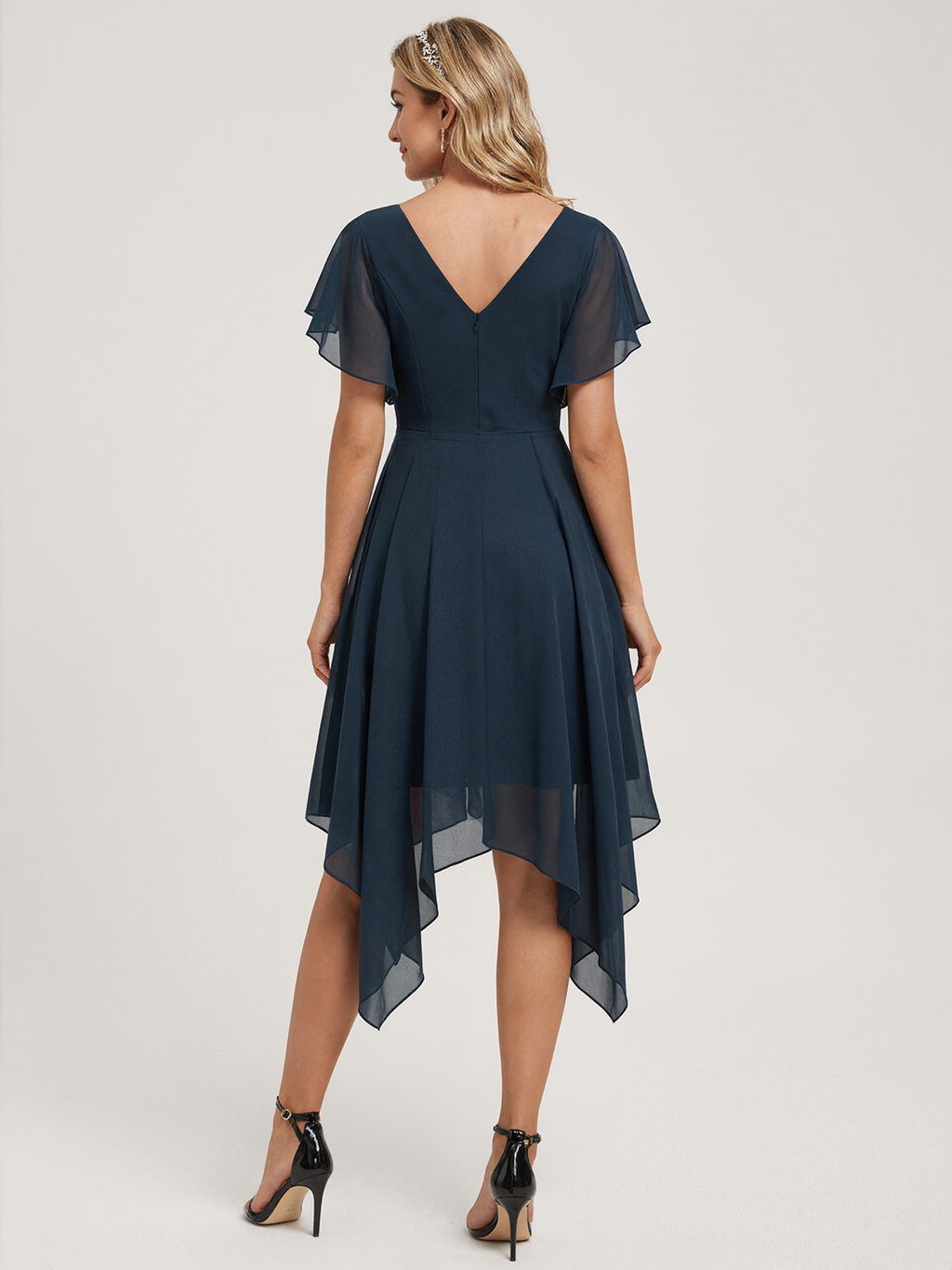 Coquette Navy Blue Chiffon A-Line V-Neck V-Back with nan Asymmetrical Bridesmaid Dress