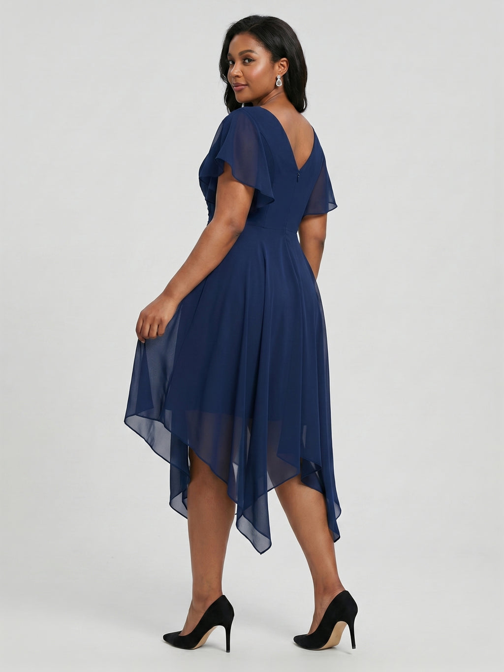 Coquette Navy Blue Chiffon A-Line V-Neck V-Back with nan Asymmetrical Bridesmaid Dress