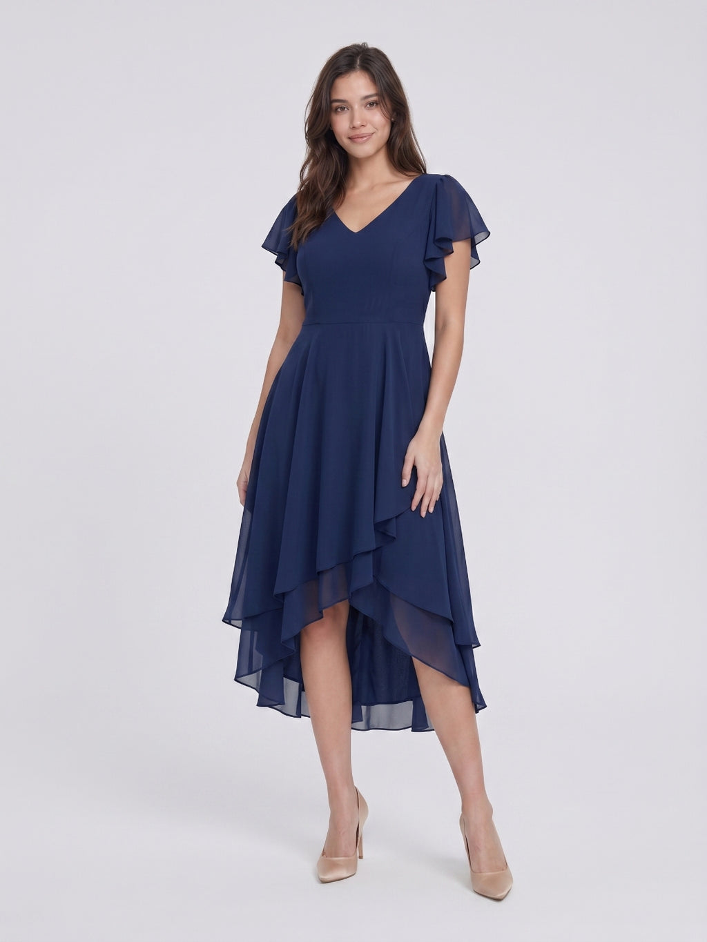 Coquette Navy Blue Chiffon A-Line V-Neck V-Back with nan Asymmetrical Bridesmaid Dress