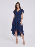 Coquette Navy Blue Chiffon A-Line V-Neck V-Back with nan Asymmetrical Bridesmaid Dress