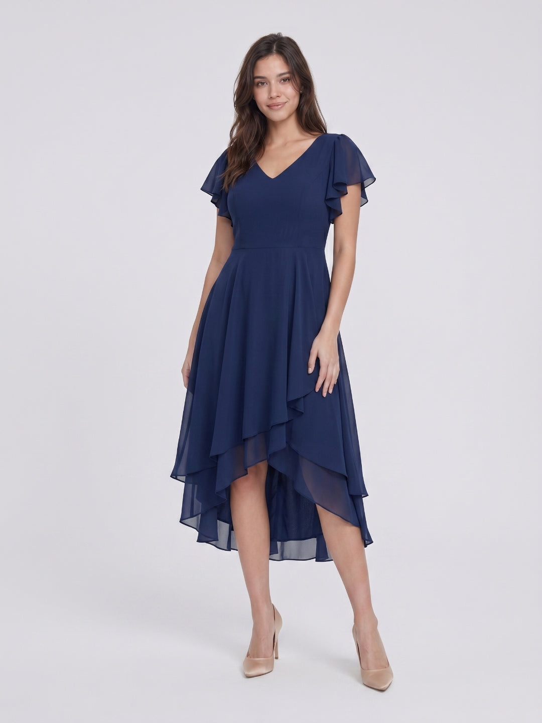 Coquette Navy Blue Chiffon A-Line V-Neck V-Back with nan Asymmetrical Bridesmaid Dress