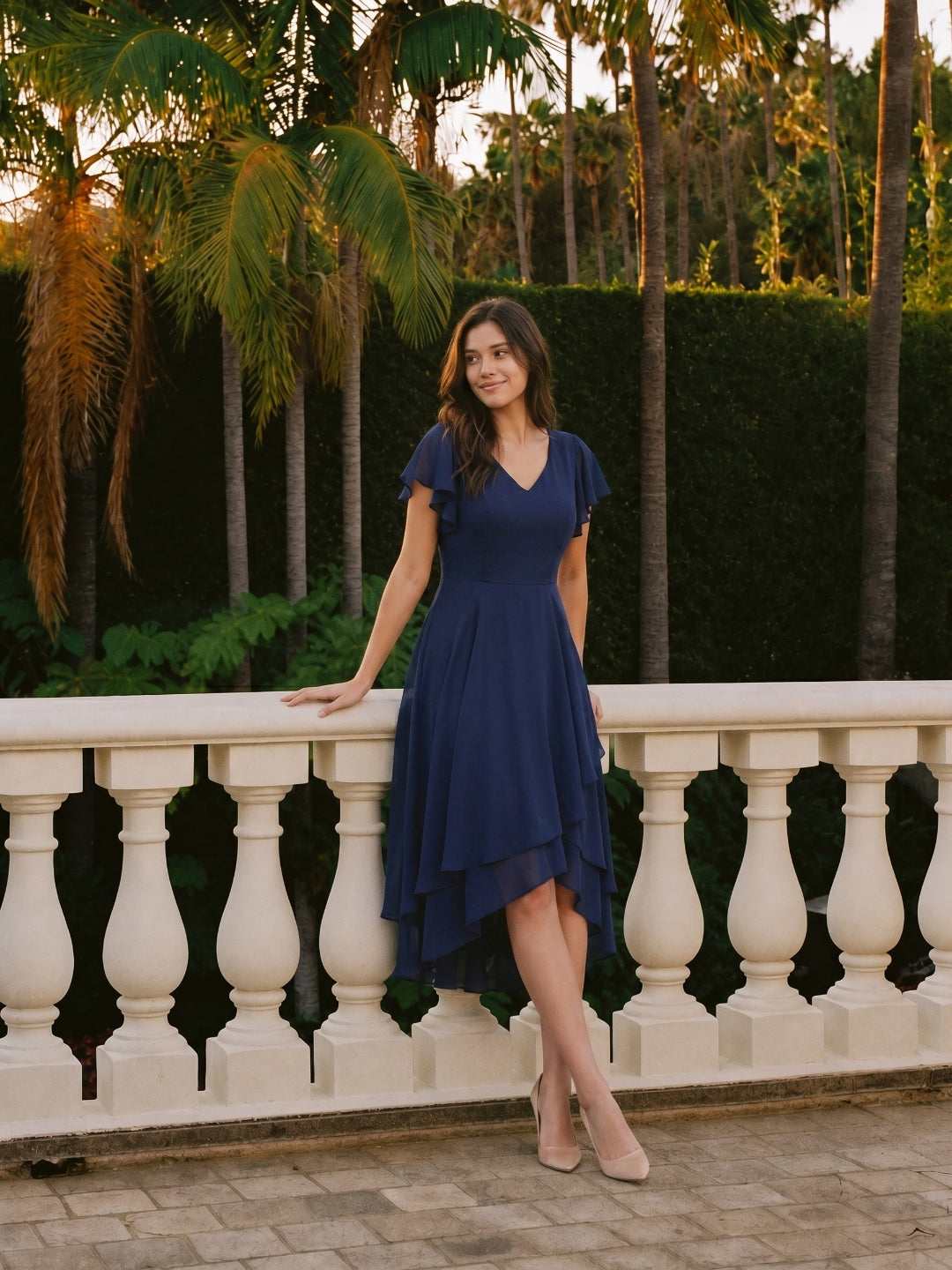 Coquette Navy Blue Chiffon A-Line V-Neck V-Back with nan Asymmetrical Bridesmaid Dress
