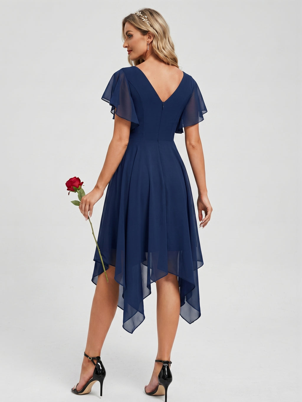 Coquette Navy Blue Chiffon A-Line V-Neck V-Back with nan Asymmetrical Bridesmaid Dress