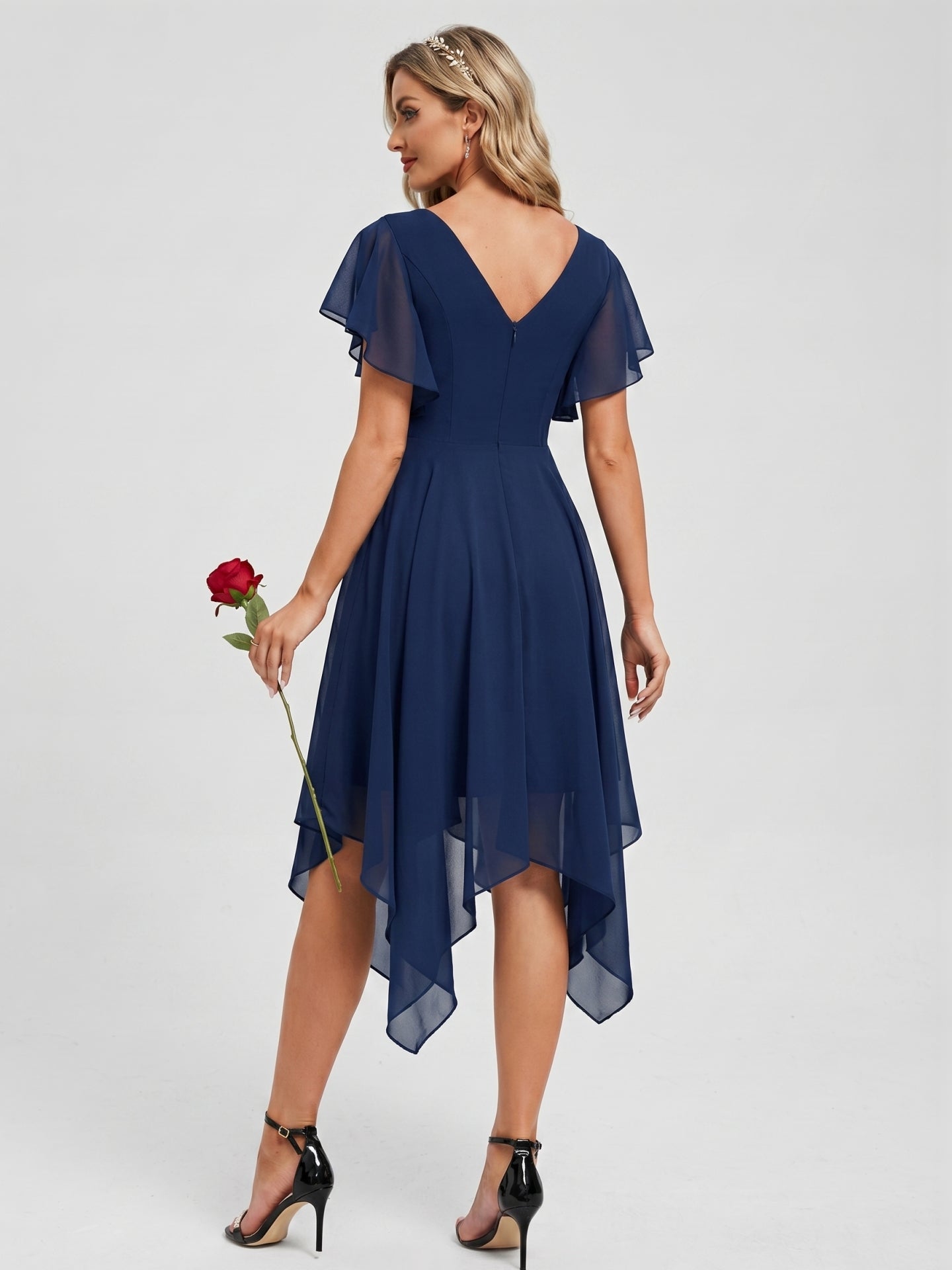 Coquette Navy Blue Chiffon A-Line V-Neck V-Back with nan Asymmetrical Bridesmaid Dress