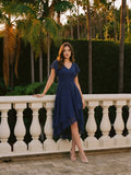 Coquette Navy Blue Chiffon A-Line V-Neck V-Back with nan Asymmetrical Bridesmaid Dress