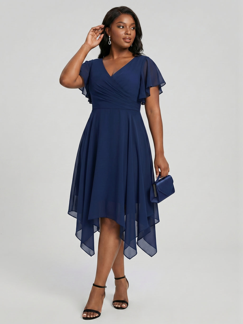 Coquette Navy Blue Chiffon A-Line V-Neck V-Back with nan Asymmetrical Bridesmaid Dress