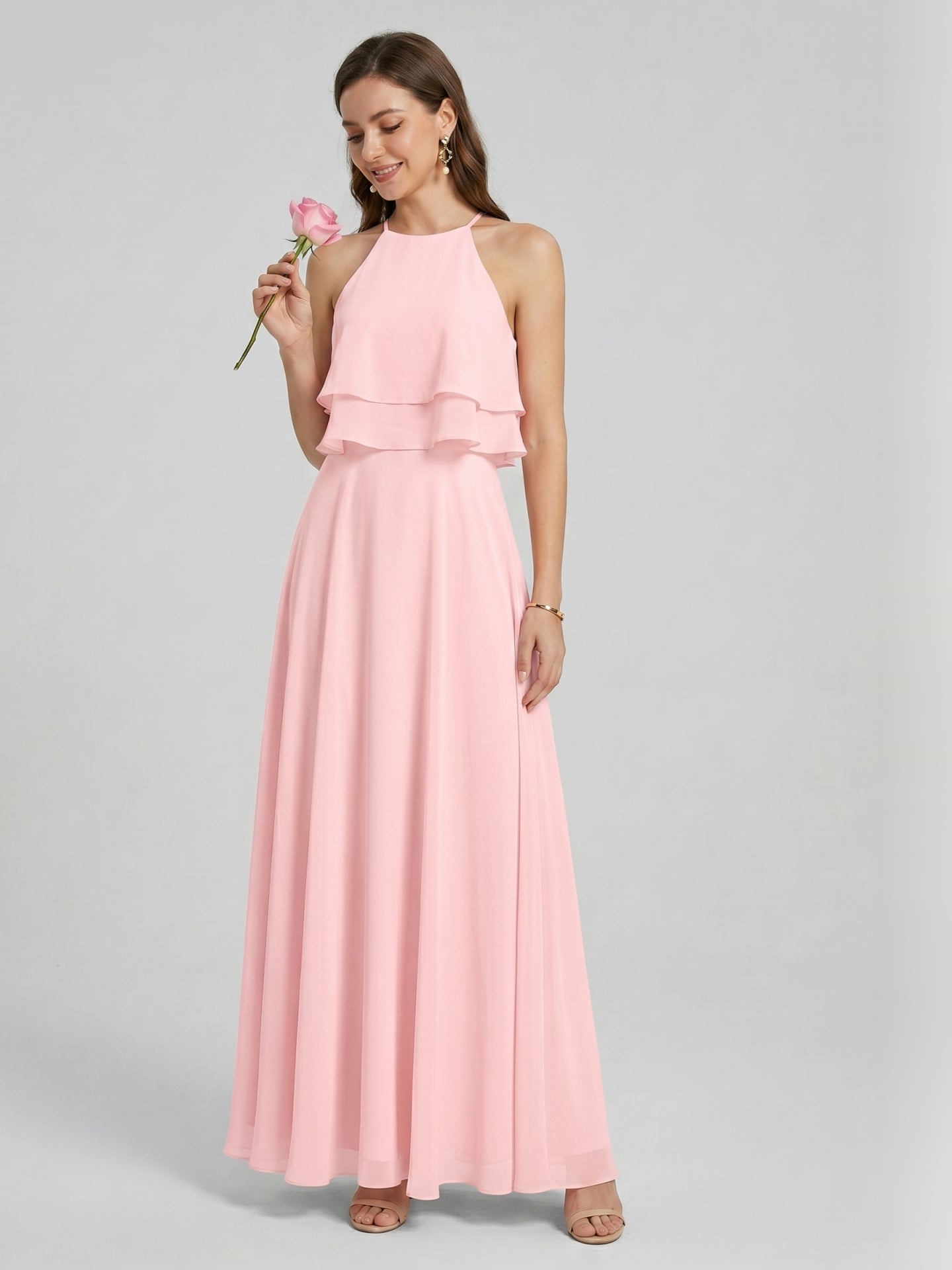 Coquette Petal Chiffon A-Line Halter neckline Back Zip with Ruffle Ankle-Length Bridesmaid Dress