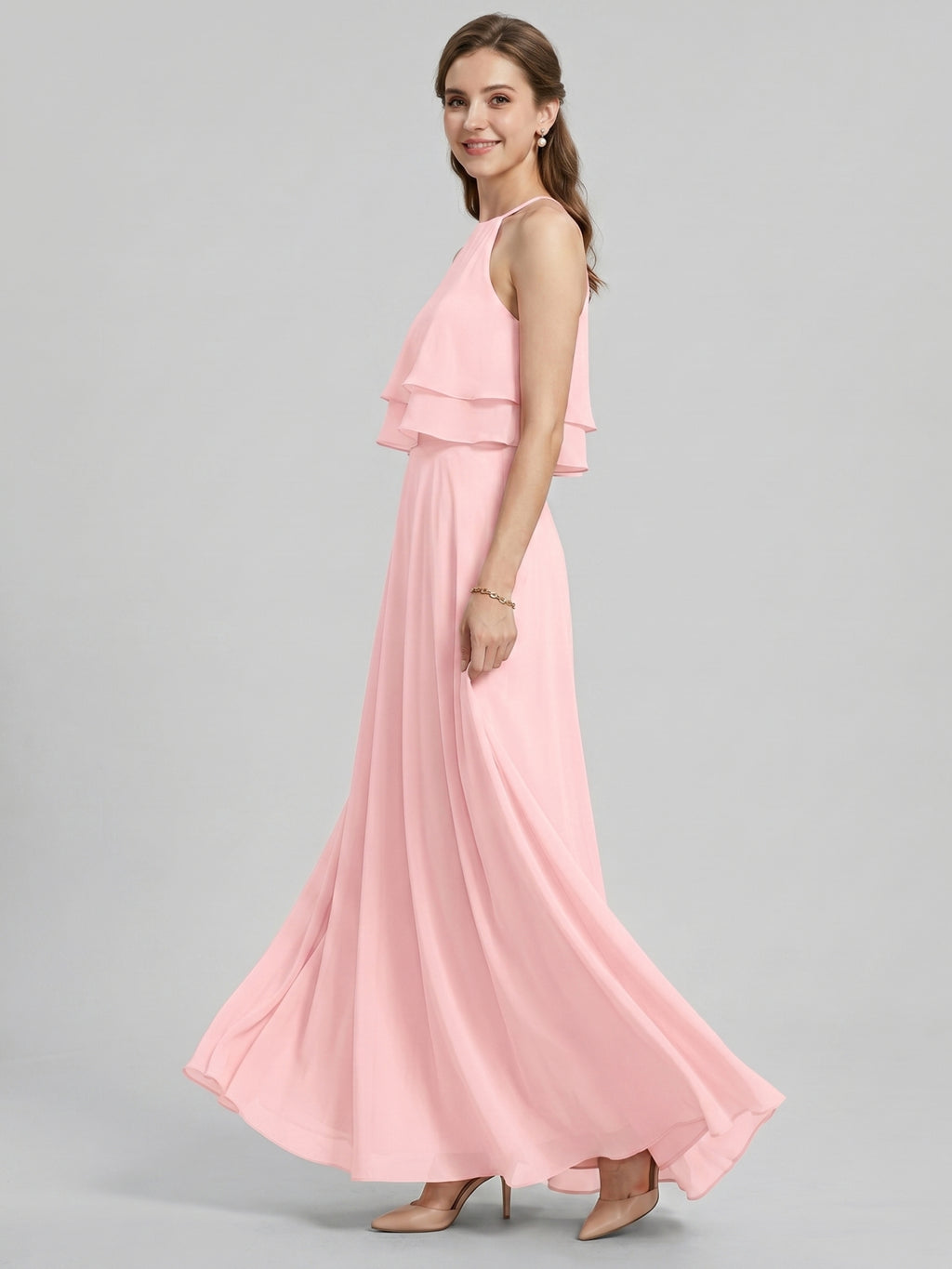 Coquette Petal Chiffon A-Line Halter neckline Back Zip with Ruffle Ankle-Length Bridesmaid Dress