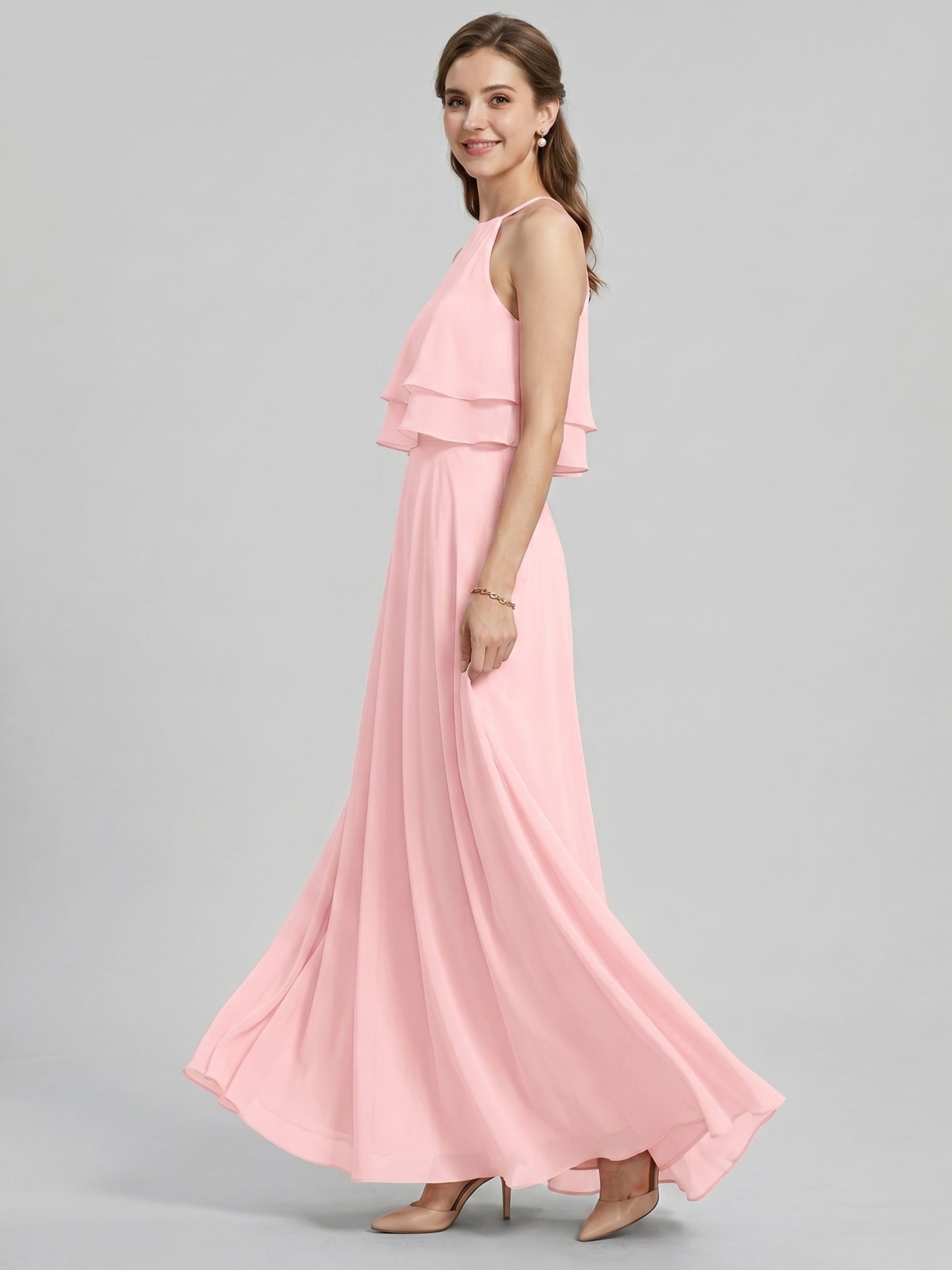 Coquette Petal Chiffon A-Line Halter neckline Back Zip with Ruffle Ankle-Length Bridesmaid Dress