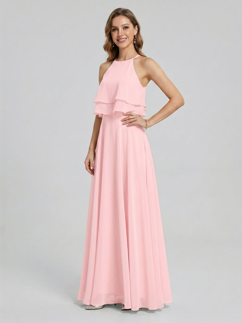Coquette Petal Chiffon A-Line Halter neckline Back Zip with Ruffle Ankle-Length Bridesmaid Dress