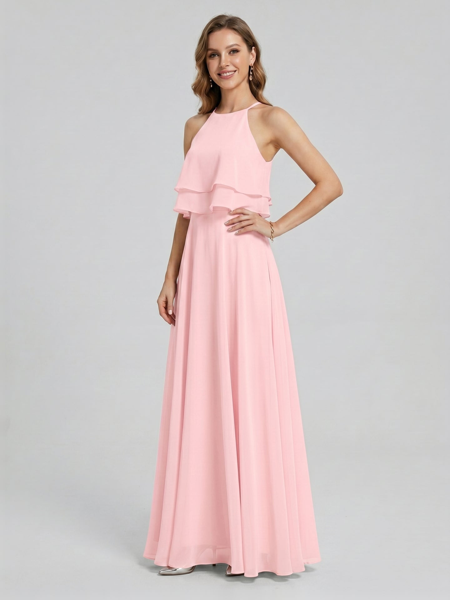 Coquette Petal Chiffon A-Line Halter neckline Back Zip with Ruffle Ankle-Length Bridesmaid Dress