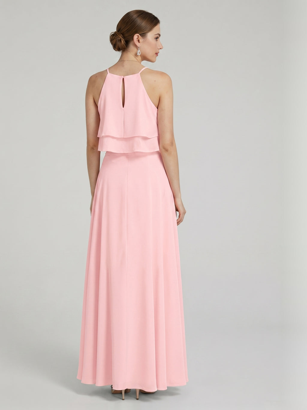 Coquette Petal Chiffon A-Line Halter neckline Back Zip with Ruffle Ankle-Length Bridesmaid Dress
