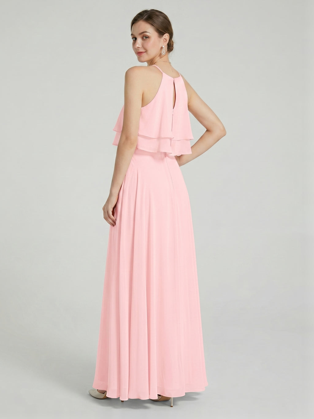 Coquette Petal Chiffon A-Line Halter neckline Back Zip with Ruffle Ankle-Length Bridesmaid Dress