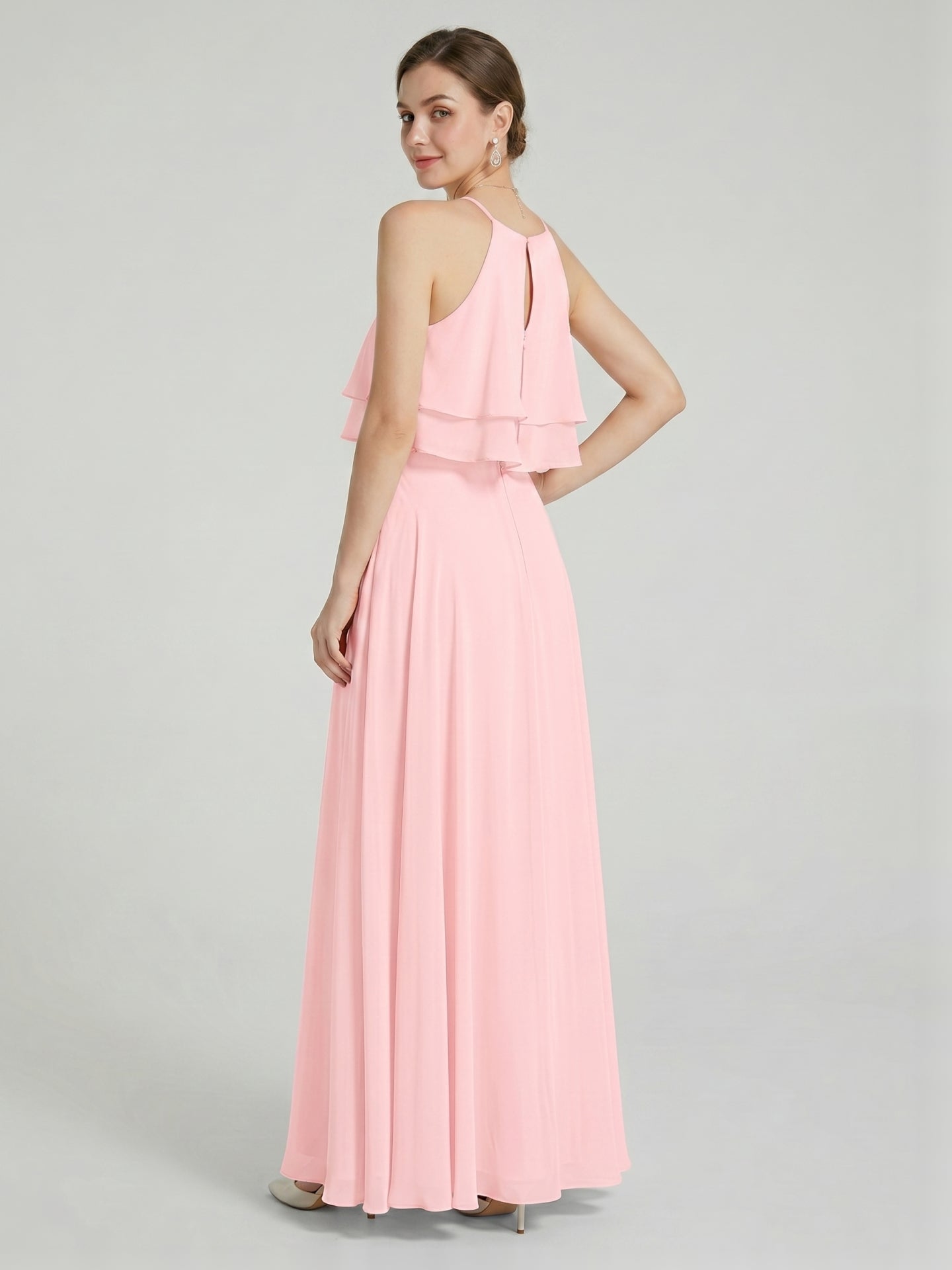 Coquette Petal Chiffon A-Line Halter neckline Back Zip with Ruffle Ankle-Length Bridesmaid Dress