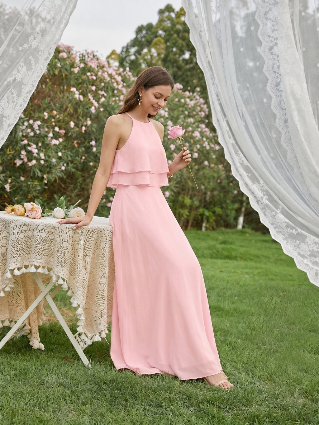 Coquette Petal Chiffon A-Line Halter neckline Back Zip with Ruffle Ankle-Length Bridesmaid Dress