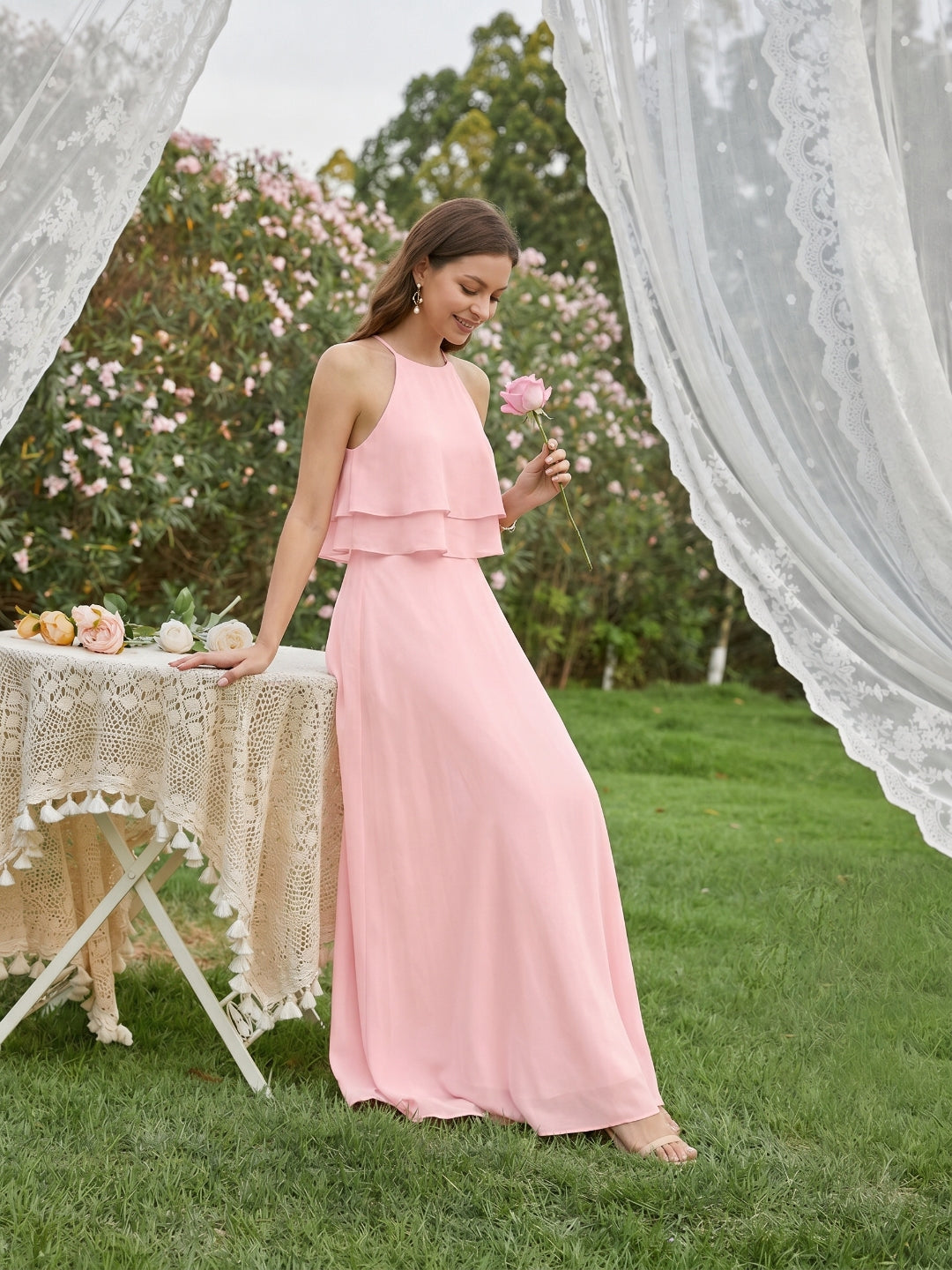 Coquette Petal Chiffon A-Line Halter neckline Back Zip with Ruffle Ankle-Length Bridesmaid Dress