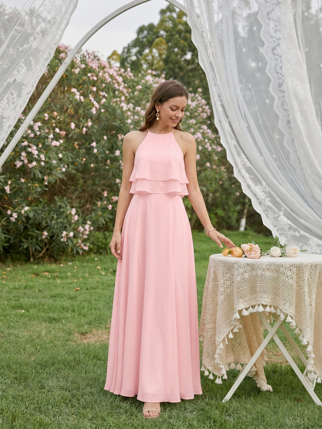 Coquette Petal Chiffon A-Line Halter neckline Back Zip with Ruffle Ankle-Length Bridesmaid Dress